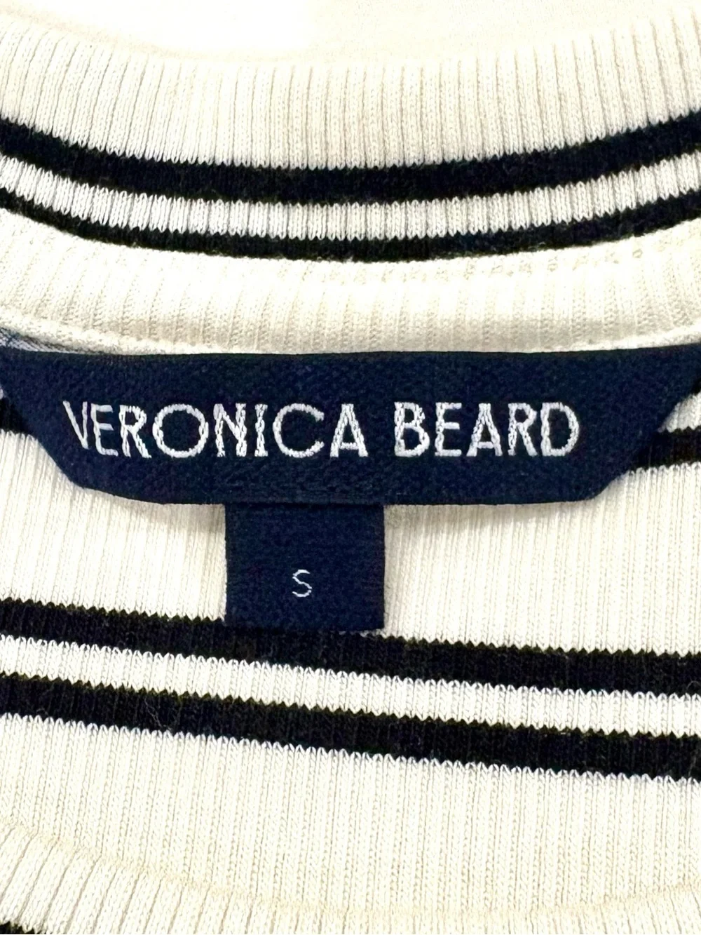 Veronica Beard Delano Striped Puff Sleeve Rib Knit Top Black Ivory White